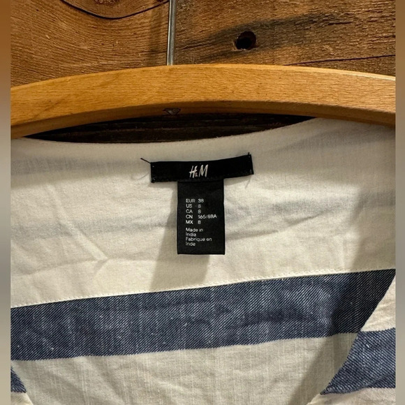 H and M cotton striped short dress  tunic vneck blue white airy 3/4 sleeve US8 - Picture 3 of 5